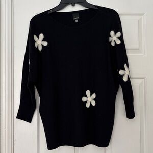 Aaeda Black Sweater with White Floral Accents, Raglan Sleeves